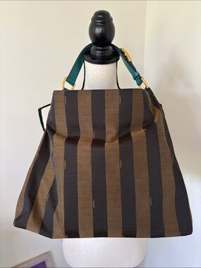 Fendi Pequin Stripe Black with Gold Text Label and Blue Strap